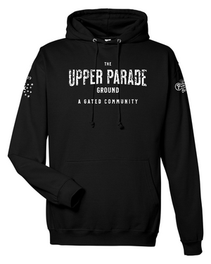 Black long-sleeve t with customer Upper Parade Ground design.